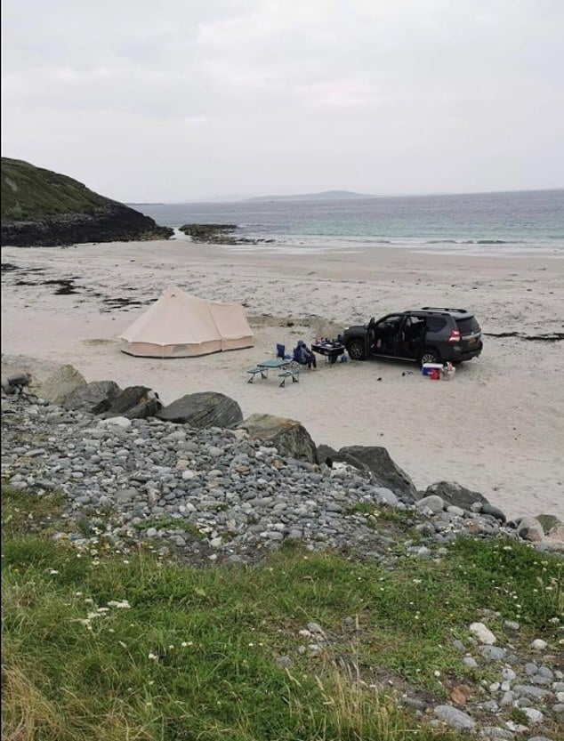 All the gear, no idea? Family cause uproar on Outer Hebridean beach after driving 4×4 on to sands and pitching a safari tent – ignoring locals’ advice that tide could ‘wash it away’