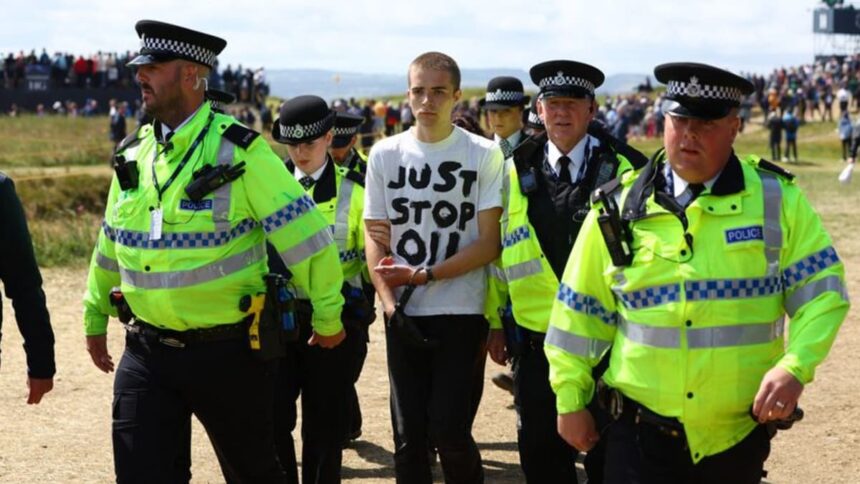 Just Stop Oil protesters set off orange flare at British Open