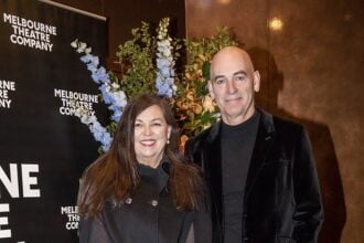Stars of iconic ’90s comedy Frontline Jane Kennedy and Rob Sitch make a rare public appearance as they enjoy a date night at premiere of Bloom